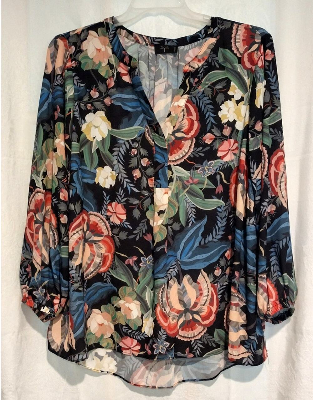 Tahari 2X Floral Chiffon Blouse Top Long Sleeve Split-Neck Boho Flowy Casual